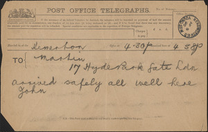 [John Biddulph Martin] telegram to [Victoria Woodhull Martin, Tewkesbury, England], April 5, 1890