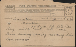 [John Biddulph Martin] telegram to [Victoria Woodhull Martin, Tewkesbury, England], April 7, 1890