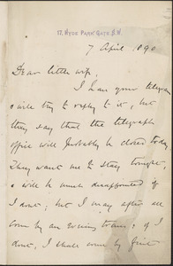 [John Biddulph Martin] autograph note signed to [Victoria Woodhull Martin, London], April 7, 1890