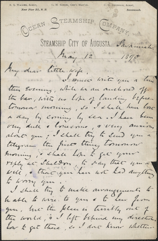 [John Biddulph Martin] autograph note to [Victoria Woodhull Martin], Savannah, Ga., May 12, 1890