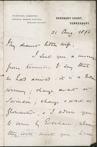 [John Biddulph Martin] autograph note signed to [Victoria Woodhull Martin], Tewkesbury, [England], August 31, 1890