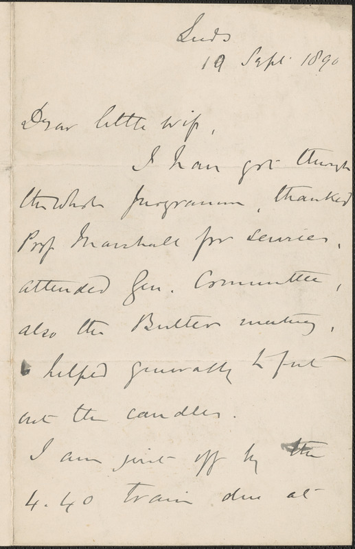 [John Biddulph Martin] autograph note to [Victoria Woodhull Martin], Leeds, [England], September 19, 1890
