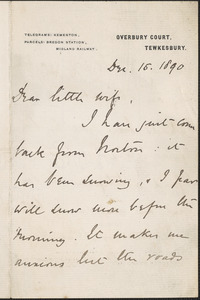 [John Biddulph Martin] autograph note signed to [Victoria Woodhull Martin, Tewkesbury, England], December 15, 1890