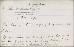 [John Biddulph Martin] autograph note to [Victoria Woodhull Martin, London], December 27, 1890