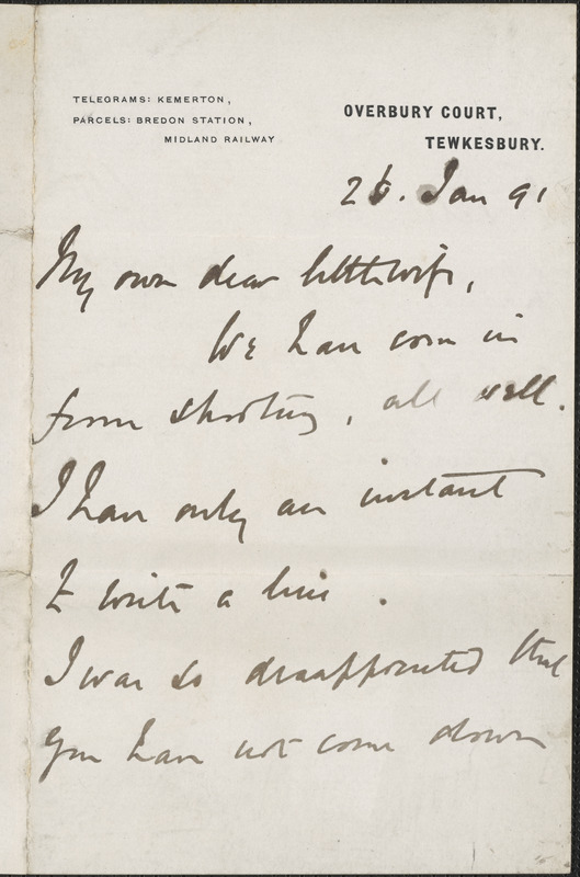 [John Biddulph Martin] autograph note to [Victoria Woodhull Martin, Tewkesbury, England], January 26, 1891