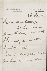 [John Biddulph Martin] autograph note to [Victoria Woodhull Martin, Tewkesbury, England], January 26, 1891