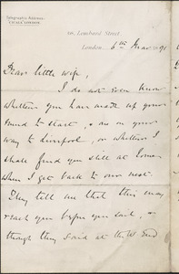 [John Biddulph Martin] autograph note to [Victoria Woodhull Martin], London, March 6, 1891