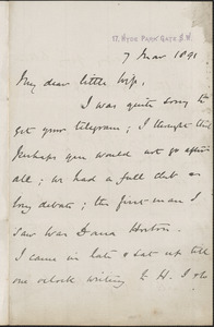 [John Biddulph Martin] autograph note to [Victoria Woodhull Martin], London, March 7, 1891