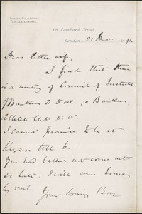 [John Biddulph Martin] autograph note signed to [Victoria Woodhull Martin], London, March 21, 1891