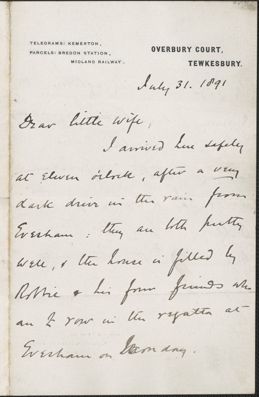 [John Biddulph Martin] autograph note to [Victoria Woodhull Martin, Tewkesbury, England], July 31, 1891