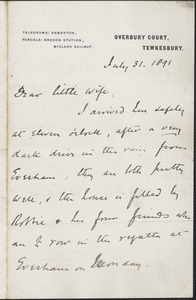 [John Biddulph Martin] autograph note to [Victoria Woodhull Martin, Tewkesbury, England], July 31, 1891