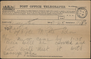 [John Biddulph Martin] telegram to [Victoria Woodhull Martin, Tewkesbury, England], August 1, 1891