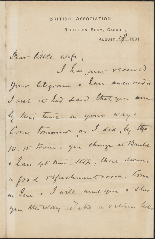 [John Biddulph Martin] autograph note to [Victoria Woodhull Martin, Cardiff, Wales], August [18?] 1891