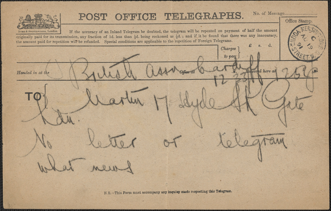 [John Biddulph Martin] autograph note to [Victoria Woodhull Martin], Cardiff, [Wales], August 19, 1891