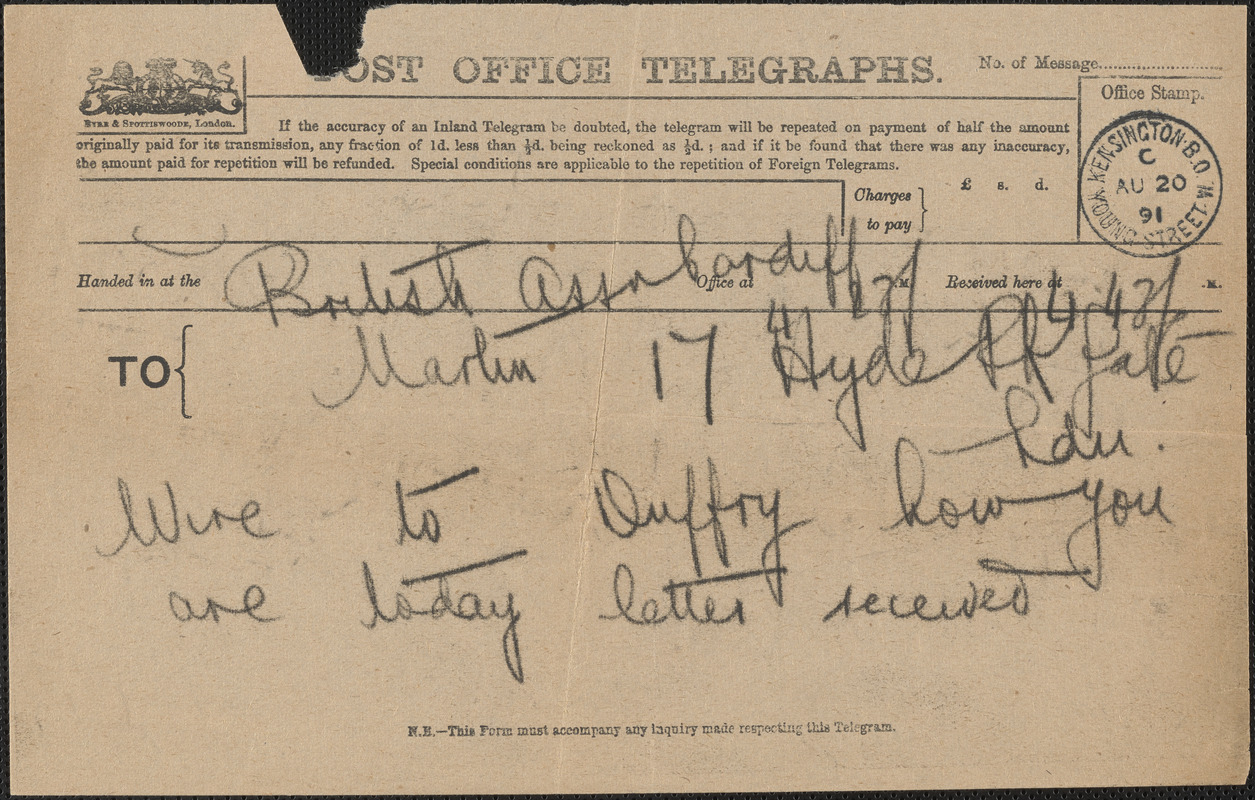 [John Biddulph Martin] telegram to [Victoria Woodhull Martin], Cardiff, [Wales], August 20, 1891