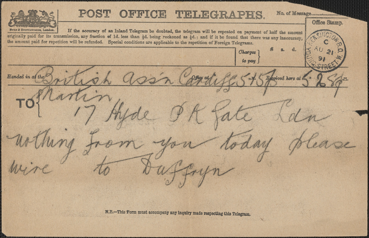 [John Biddulph Martin] telegram to [Victoria Woodhull Martin], Cardiff, [Wales], August 21, 1891