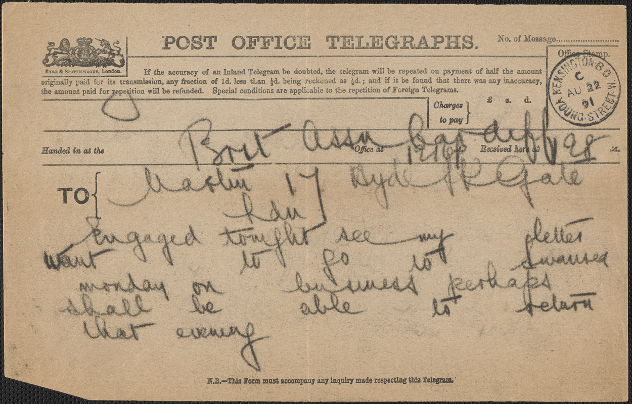 [John Biddulph Martin] telegram to [Victoria Woodhull Martin, Cardiff, Wales], August 22, 1891