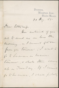 [John Biddulph Martin] autograph note signed to [Victoria Woodhull Martin], Duffryn, South Wales, August 23, 1891