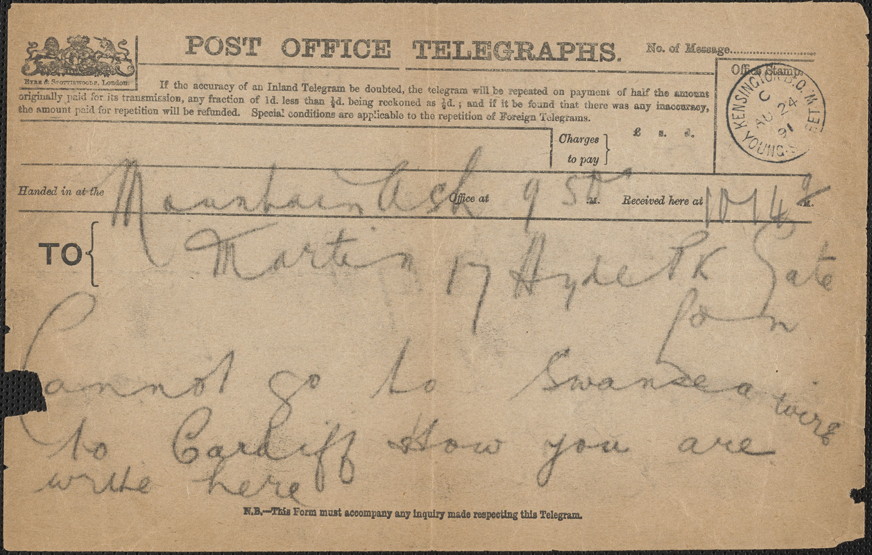 [John Biddulph Martin] telegram to [Victoria Woodhull Martin], Mountain Ash, [South Wales], August 24, 1891
