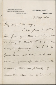 [John Biddulph Martin] autograph note signed to [Victoria Woodhull Martin], Tewkesbury, [England], September 8, 1891