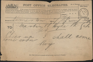 [John Biddulph Martin] telegram to [Victoria Woodhull Martin, Tewkesbury, England], September 8, 1891