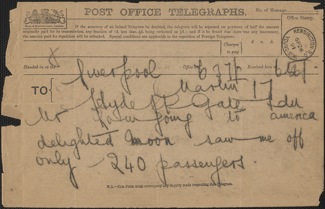 [John Biddulph Martin] telegram to [Victoria Woodhull Martin], Liverpool, [England], September 26, 1891
