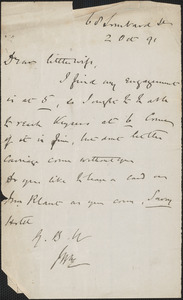 [John Biddulph Martin] autograph note signed (initials) to [Victoria Woodhull Martin, London], October 2, 1891