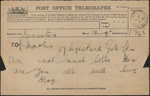 [John Biddulph Martin] telegram to [Victoria Woodhull Martin, Tewkesbury, England], November 30, 1891