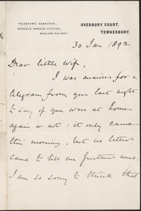 [John Biddulph Martin] autograph note to [Victoria Woodhull Martin], Tewkesbury, [England], January 30, 1892