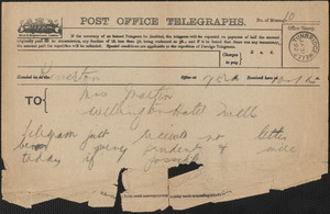 [John Biddulph Martin] telegram to [Victoria Woodhull Martin, Tewkesbury, England], January 31, 1892