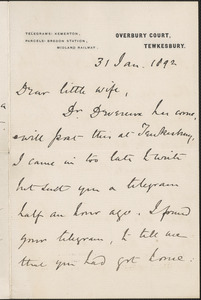 [John Biddulph Martin] autograph note to [Victoria Woodhull Martin], Tewkesbury, [England], January 31, 1892