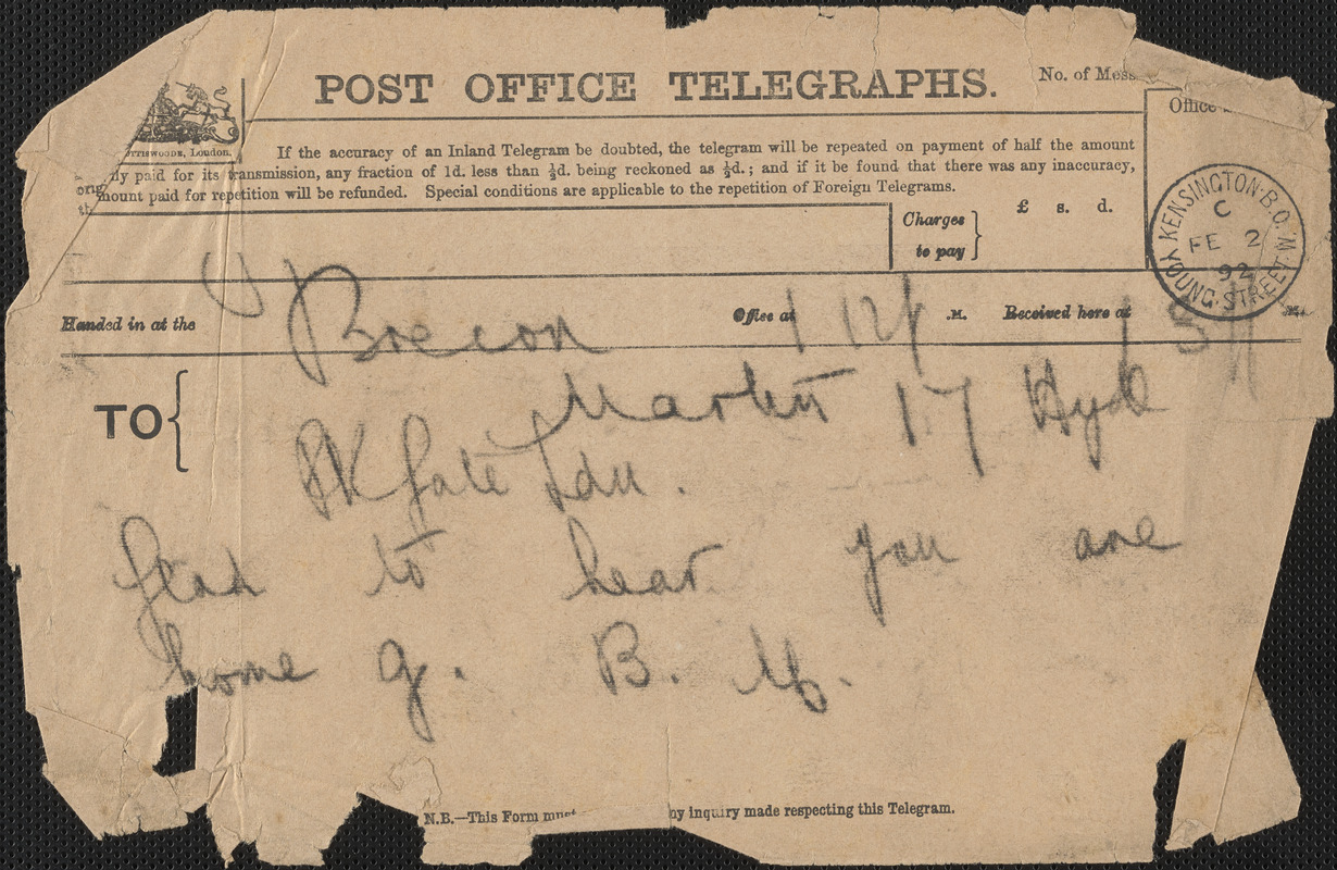 [John Biddulph Martin] telegram to [Victoria Woodhull Martin], Brecon, [Wales], February 2, 1892