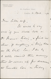 [John Biddulph Martin] autograph note signed to [Victoria Woodhull Martin], London, April 4, 1892