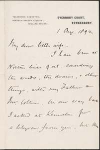 [John Biddulph Martin] autograph note signed to [Victoria Woodhull Martin], Tewkesbury, [England], August 1, 1892