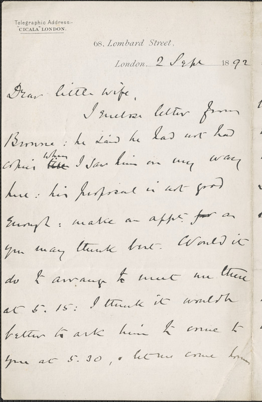 [John Biddulph Martin] autograph note to [Victoria Woodhull Martin], London, September 2, 1892