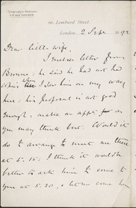 [John Biddulph Martin] autograph note to [Victoria Woodhull Martin], London, September 2, 1892