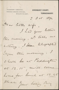 [John Biddulph Martin] autograph note signed to [Victoria Woodhull Martin], Tewkesbury, [England], October 2, 1892