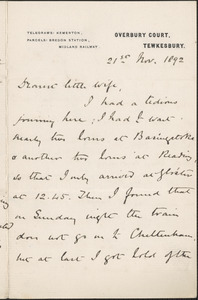 [John Biddulph Martin] autograph note signed to [Victoria Woodhull Martin], Tewkesbury, [England], November 21, 1892