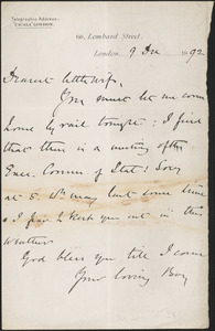 [John Biddulph Martin] autograph note signed to [Victoria Woodhull Martin], London, December 9, 1892