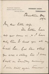 [John Biddulph Martin] autograph note signed to [Victoria Woodhull Martin], Tewkesbury, [England], Christmas day [December 25], 1892