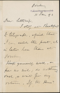 [John Biddulph Martin] autograph note signed to [Victoria Woodhull Martin], Tewkesbury, [England], January 11, 1893