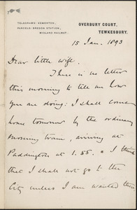 [John Biddulph Martin] autograph note to [Victoria Woodhull Martin], Tewkesbury, [England], January 15, 1893