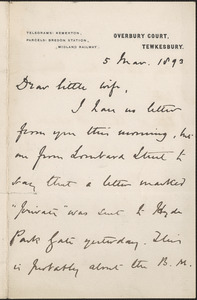 [John Biddulph Martin] autograph note signed to [Victoria Woodhull Martin], Tewkesbury, [England], March 5, 1893