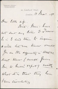 [John Biddulph Martin] autograph note signed to [Victoria Woodhull Martin], London, March 13, 1893