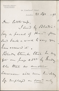 [John Biddulph Martin] autograph note to [Victoria Woodhull Martin], London, April 21, 1893