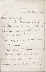 [John Biddulph Martin] autograph note signed to [Victoria Woodhull Martin], London, May 19, 1893