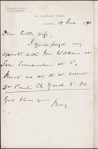 [John Biddulph Martin] autograph note signed to [Victoria Woodhull Martin], London, June 19, 1893
