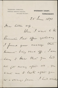 [John Biddulph Martin] autograph note signed to [Victoria Woodhull Martin], Tewkesbury, [England], June 25, 1893