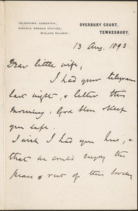 [John Biddulph Martin] autograph note signed to [Victoria Woodhull Martin], Tewkesbury, [England], August 13, 1893