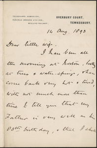 [John Biddulph Martin] autograph note signed to [Victoria Woodhull Martin], Tewkesbury, [England], August 14, 1893